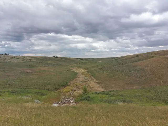 Dried-up Wolf Creek valley west of Corning